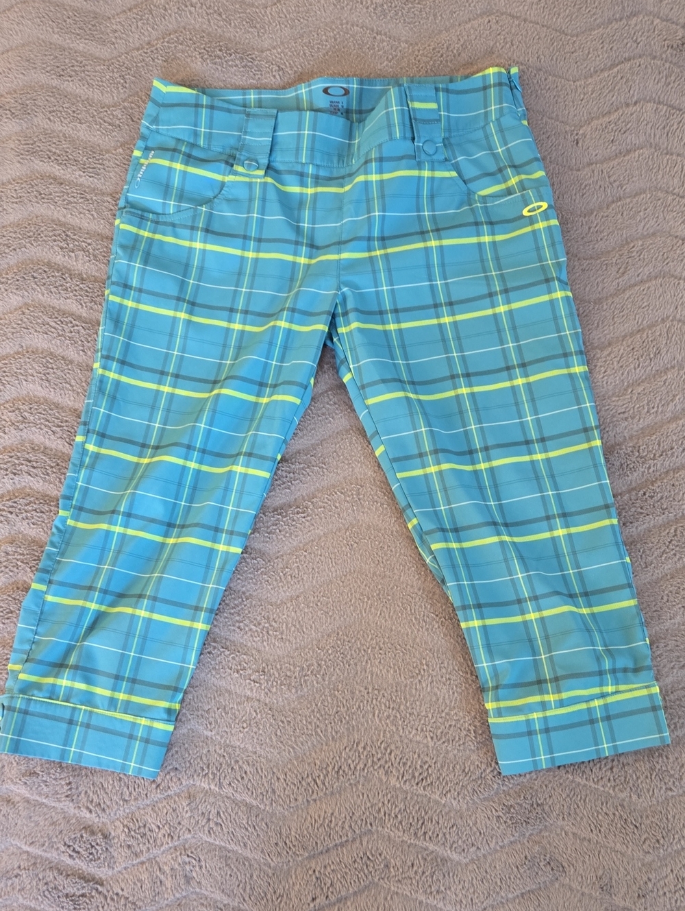 Oakley Teal Plaid Crop Pants with Lime Accents